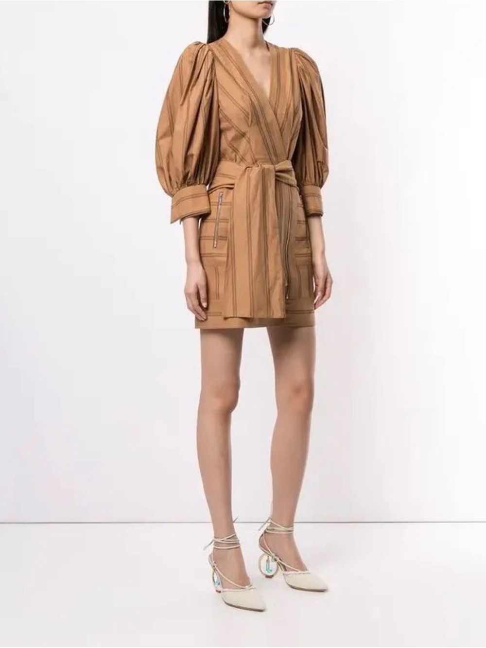 Acler Tan Striped Puff-Sleeve Wrap Mini Dress with Belt